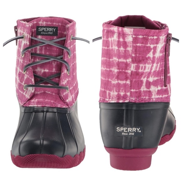 NEW Sperry Saltwater Ankle Rubber Duck Rain Snow Winter Boots Magenta Tie Dye - Picture 14 of 16